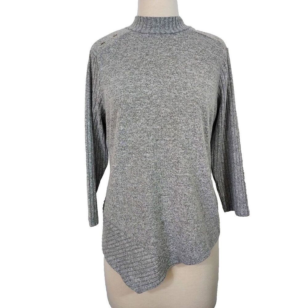 Adrienne Vittadini Mock Neck Asymmetric Sweater 3/4 Sleeves Size Large Gray